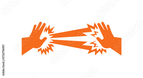 Two pairs of orange hands reaching out and connecting with a bright orange energetic burst in the center symbolizing connection unity teamwork and communication isolated on white background