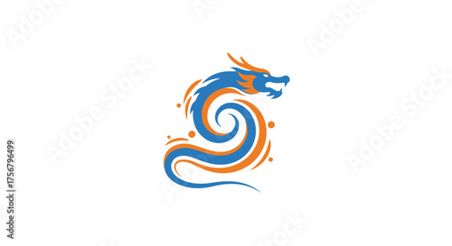 Majestic blue and orange dragon swirling mystically capturing ancient mythical energy and power artistic rendering isolated on white background
