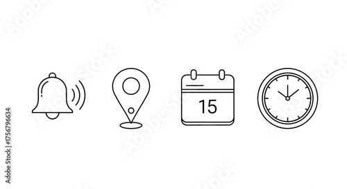 Notification, Location, Calendar, and Clock Icons Representing Alerts, Places, Dates, and Time Management