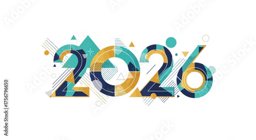 Vibrant geometric abstract design for the year 2026, featuring a modern composition of teal, yellow, and blue shapes perfect for future-oriented calendars, event invitations, and digital banners