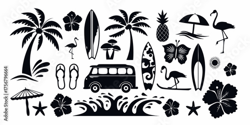 Collection of black silhouette summer vacation icons including palm trees surfboards flamingos and a vintage van