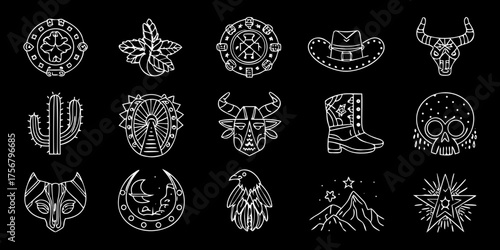 Collection of western and native american inspired line art icons on a black background