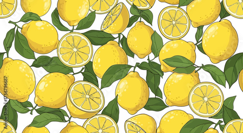 Vibrant Yellow Lemons with Green Leaves Pattern - A Fresh Citrus Fruit Illustration