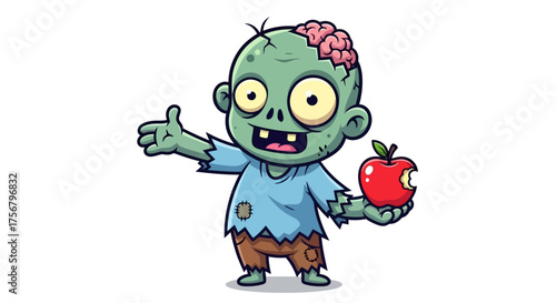 Friendly cartoon zombie character, exposed brain, tattered clothes, gives a thumbs-up, holding a vibrant red apple, ideal for playful designs