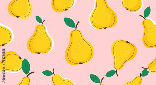Sweet yellow pears with green leaves scattered across a soft pink background, a delightful and refreshing fruit pattern