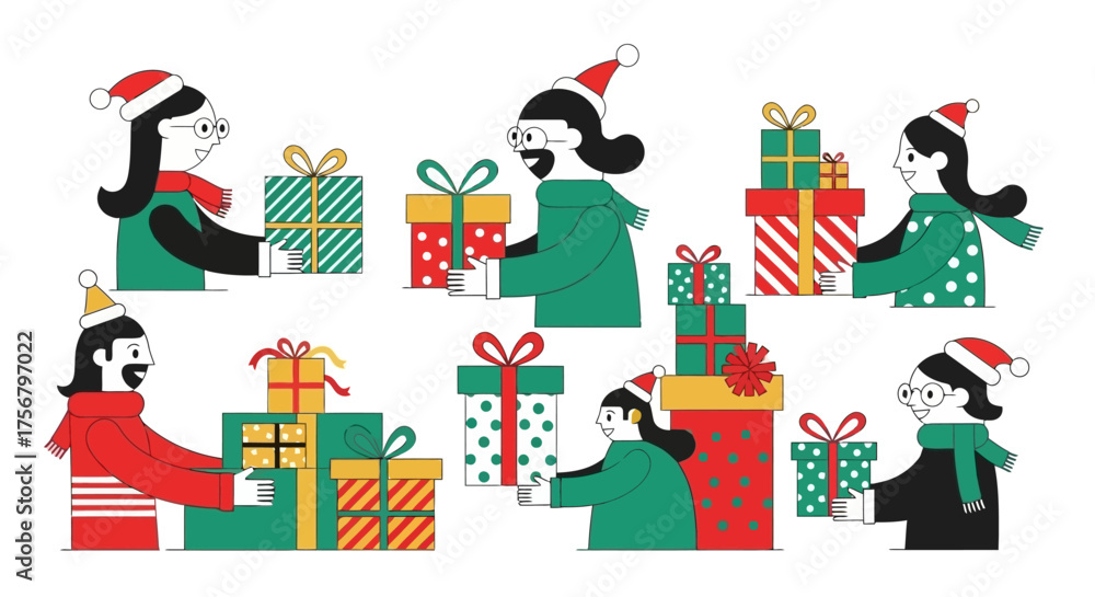 Naklejka premium Christmas gift exchange people exchanging presents and gifts during the holiday season, festive, joyful, and celebratory moments