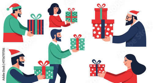 Diverse group of individuals engaging in the heartwarming concept of giving and receiving presents, symbolizing joy, connection, and festive generosity during the holiday season