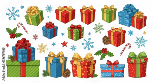 Festive Gift Box Collection Colorful Presents with Ribbons and Bows for Celebrations and Holidays
