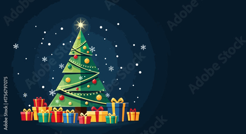 Festive Christmas Tree with Sparkling Star and Abundant Gifts on a Winter Night, Ideal for Holiday Banners and Seasonal Greetings