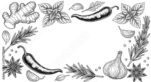 A decorative frame of assorted herbs and spices.