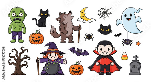 Halloween Characters Illustration Spooky Icons and Decorations