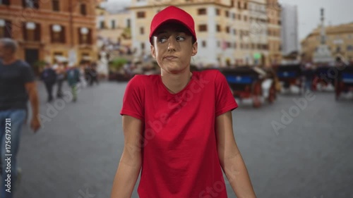 Woman in red cap and tshirt shrugs shoulders on street among carriages and pedestrians; annoyed uncertainty.