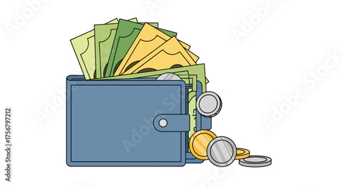Wallet overflowing with cash and coins, symbolizing financial wealth and savings, ideal for finance