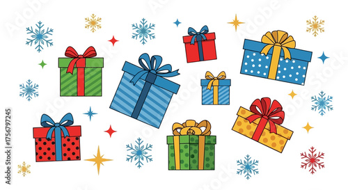 Festive Christmas and holiday gift boxes adorned with colorful ribbons and sparkling snowflakes, celebrating the joy of giving and winter celebrations