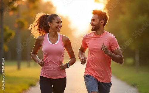 Portrait of happy fit people running together ourdoors. Couple sport healthy lifetsyle concept. High quality