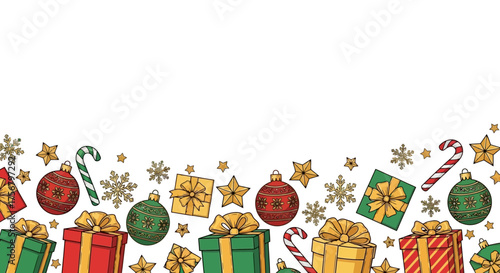 Festive holiday border with colorful Christmas gifts, ornaments, and candy canes, perfect for seasonal designs