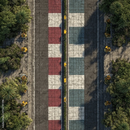 Aerial View of Colorful Road Surrounded by Lush Greenery and Flowers