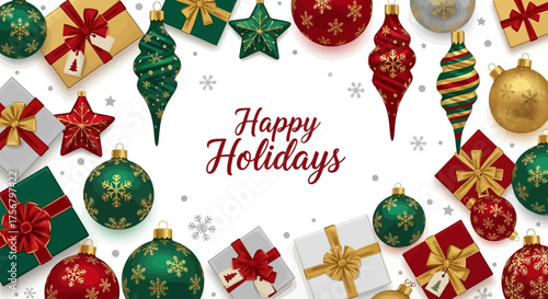 Festive Christmas Decorations and Gifts Border with Happy Holidays Message and Snowflakes