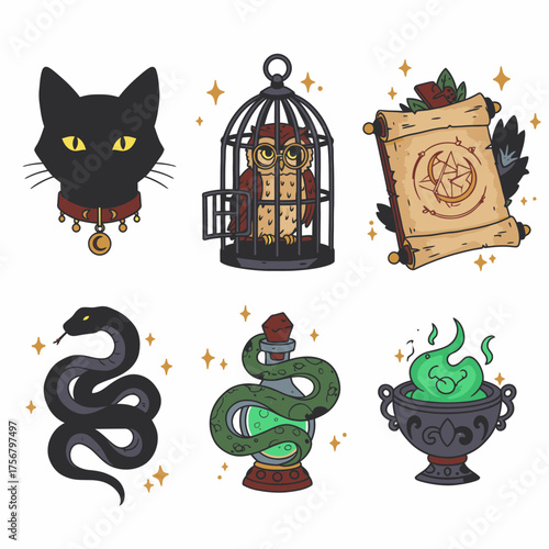 A captivating set of whimsical magic and occult illustrations, featuring a black cat, caged owl, ancient scroll, snake, potion, and bubbling cauldron.