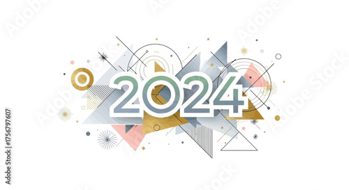 Dynamic 2024 celebration design featuring abstract geometric shapes and a modern, forward-looking aesthetic, ideal for new year greetings, corporate events, and digital marketing materials
