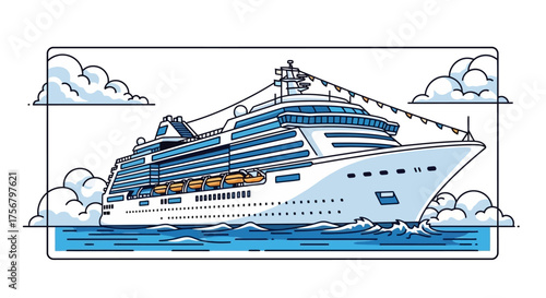 Cruise Ship Illustration Vacation at Sea Amidst Clouds and Waves