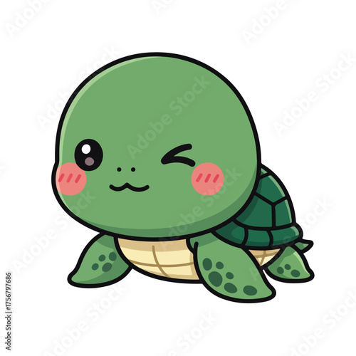 Adorable cartoon sea turtle winking with rosy cheeks, cute and playful illustration perfect for children's books, stickers, and graphic design projects promoting marine life and fun