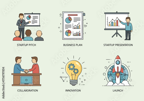 Conceptual business icons depicting ideas collaboration solutions and success on a white background