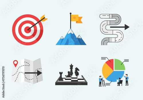 Conceptual icons illustrating goals achievements and growth