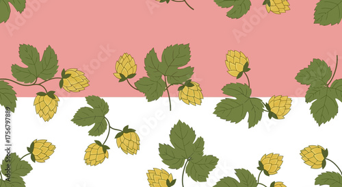 Seamless Botanical Pattern with Hand-Drawn Hop Cones and Green Leaves on a Pink and White Background, Ideal for Textile, Wallpaper, and Creative Design Projects