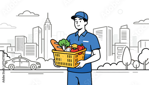 Food Delivery in the City: A cheerful delivery person, in the heart of the city, delivers fresh groceries, embodying efficiency and convenience. 