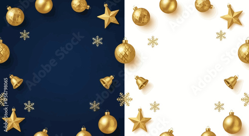 Festive golden Christmas baubles and stars arranged in a circular border on a split navy blue and white background