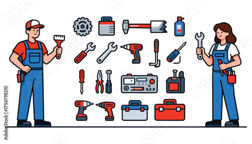 Essential Tools and Skilled Professionals: A dynamic illustration showcases a collection of vital tools alongside two figures, one male and one female, embodying the spirit of skill and reliability.