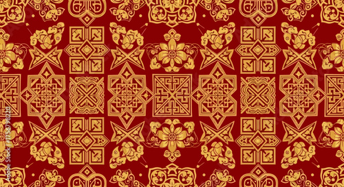 Intricate Golden Geometric Patterns on Rich Red Background - Traditional Decorative Motif