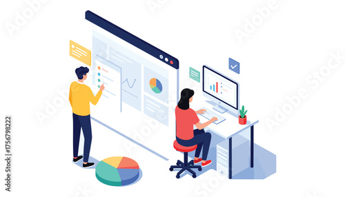 Analyzing Data and Design: Two individuals focused on data analysis and design, their workspace illuminated by digital interfaces.