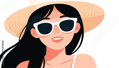 Sun-Kissed Beauty: A stylish lady, adorned with elegant sunglasses and a chic hat, emanates effortless grace, with long, flowing black hair and a radiant smile.