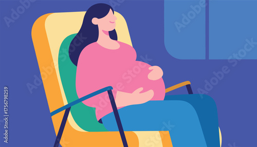 Serene Expectation: An illustration of a pregnant woman sitting in a chair, embodying peace and anticipation. Perfect for representing maternity and prenatal well-being.