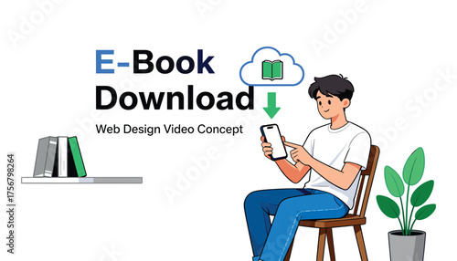 Digital Library: A person sits in front of digital book download. The image is a clean design that is perfect for technology, books, education and digital contents. 
