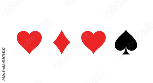 A graphic set of classic playing card suit icons, including red hearts, a diamond, and a black spade, symbolizing concepts of chance, gambling, and leisure
