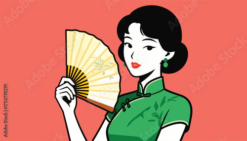 Elegant Woman with Fan: A refined lady, adorned in a traditional dress, delicately holds a fan. Her elegant style and grace capture a moment of timeless beauty.