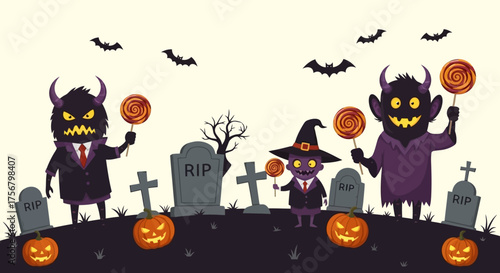 Spooky Halloween Characters and Decorations with Pumpkins and Bats Illustration