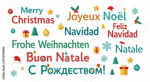 Festive word cloud celebrating Christmas with 'Merry Christmas' greetings in various international languages like Spanish, French, and German, adorned with holiday icons