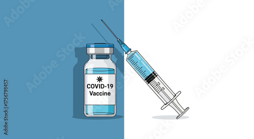 Vaccine vial and syringe against COVID-19 on blue and white background, medical illustration