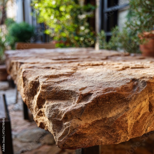 Rustic Stone Table Surrounded by Lush Greenery in Outdoor Setting