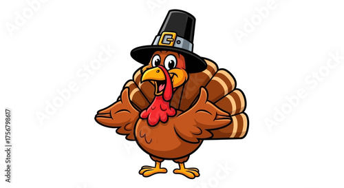 A charming cartoon turkey wearing a pilgrim hat, spreading its wings to welcome the Thanksgiving holiday. Cute and festive bird character illustration