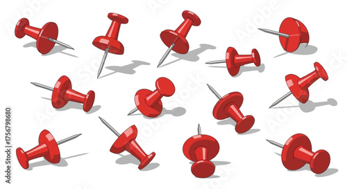 Collection of Red Thumbtacks Scattered on a White Background, Offering Versatile Design Elements