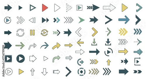 A comprehensive collection of modern flat arrow icons, featuring diverse styles and directions for web navigation and user interface design