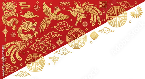 Golden dragon and phoenix symbols on red background traditional Chinese art.