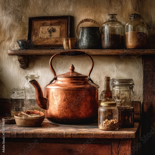 Fototapeta Naklejka Na Ścianę i Meble -  Vintage Copper Kettle with Jars on Rustic Wooden Shelf Display