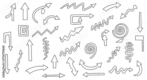 Collection of Hand Drawn Arrows in Various Styles and Directions.