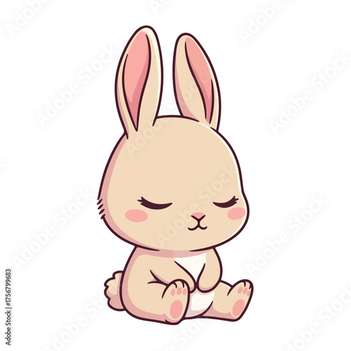 Adorable cartoon bunny sitting peacefully with eyes closed, conveying a sense of tranquility and innocence, perfect for children's themes or Easter decorations